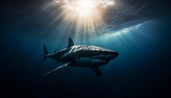 majestuoso mamífero buceo dentro oscuro, peligroso agua salada con temor inspirador velocidad generado por ai foto