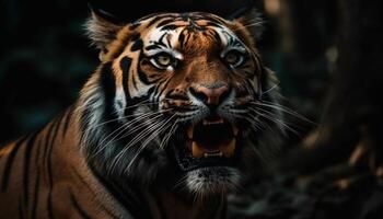 cerca arriba retrato de un majestuoso Bengala Tigre curioso ferozmente generado por ai foto