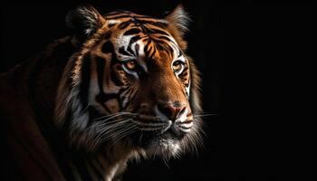 Bengala tigre, cerca arriba retrato, mirando feroz con poderoso fuerza generado por ai foto