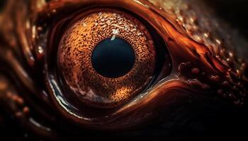 Golden fish eye shines in underwater macro portrait, background generated by AI photo