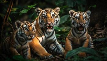 Front view portrait of cute Bengal tiger family staring outdoors generated by AI photo