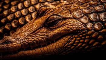 manchado cocodrilo ojo, cerca arriba de peligroso reptil en naturaleza generado por ai foto