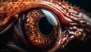 Animal eye staring, extreme close up, multi colored beauty in nature generated by AI photo