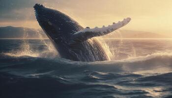 Majestic humpback whale swimming in idyllic tropical waters at dusk generated by AI photo