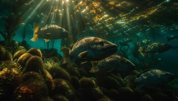 School of fish swim below coral in multi colored underwater landscape generated by AI photo