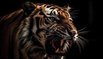 Majestic striped big cat staring fiercely, teeth bared in aggression generated by AI photo