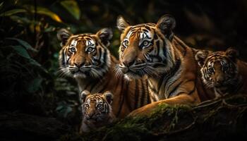 Bengal tiger staring, front view, aggression, striped fur, selective focus generated by AI photo