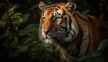 Majestic tiger stares with aggression, a beauty in nature tranquility generated by AI photo