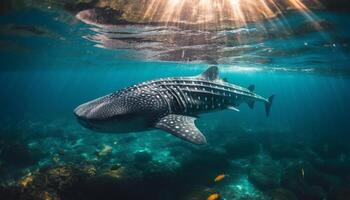 majestuoso Tortuga buceo dentro agua, rodeado por tropical mar vida generado por ai foto