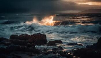 Breaking waves crash against rocky shoreline at dusk, dramatic sky generated by AI photo