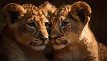 Big cats in the wild tiger and lion cub portrait generated by AI photo
