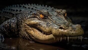 Large crocodile teeth and eye in close up, dangerous predator in water generated by AI photo