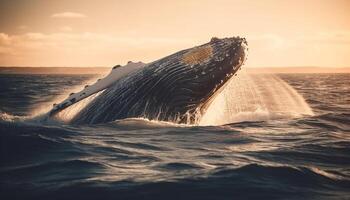 jorobado ballena incumplimiento en puesta de sol marina, pulverización agua y saltando generado por ai foto