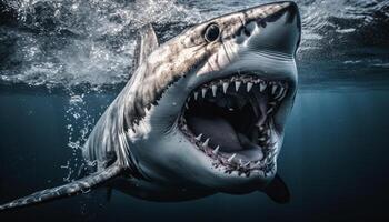 escalofriante submarino gigante pescado con agudo dientes en movimiento, peligro generado por ai foto