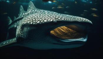 Sharp teeth of majestic underwater predator in tropical saltwater reef generated by AI photo