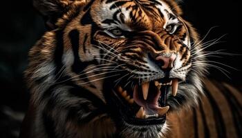 majestuoso Bengala Tigre gruñendo con agresión en tropical selva generado por ai foto