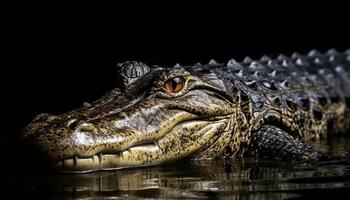 Large reptile with yellow scales and aggressive snout in wetland generated by AI photo