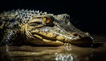 Poisonous dragon looking at camera in dark tropical swamp water generated by AI photo