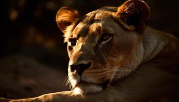 un majestuoso leona descansando en el tranquilo fauna silvestre reserva generado por ai foto