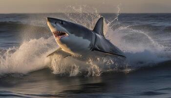 Majestic dolphin breaching in sunset, spraying water with animal fin generated by AI photo