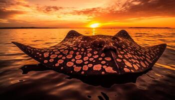 Tranquil sunset seascape with multi colored fish in tropical waters generated by AI photo