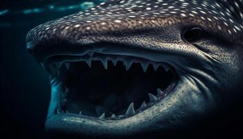 Spooky giant animal teeth roaring in confrontation underwater with scuba divers generated by AI photo