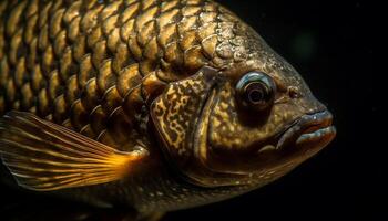 uno animal nadando en agua dulce con un cerca arriba de sus ojo generado por ai foto