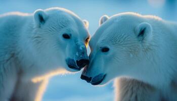 Arctic wildlife in playful motion, side by side, looking ahead generated by AI photo