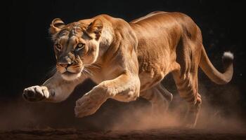 Majestic lioness walking in the savannah, displaying strength and alertness generated by AI photo