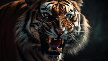 majestuoso Bengala Tigre curioso ferozmente, demostración sus hermosa a rayas piel generado por ai foto