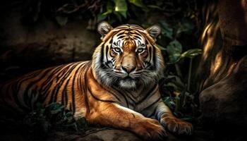 Majestic Bengal tiger staring with aggression, beauty in nature portrait generated by AI photo