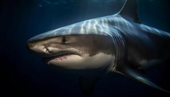 Majestic dolphin swimming in dark, spooky, underwater reef portrait generated by AI photo