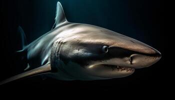 majestuoso delfín retrato, agudo dientes, submarino, mirando a cámara generado por ai foto