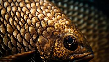 The gold colored fish eye in close up underwater, a beauty in nature generated by AI photo