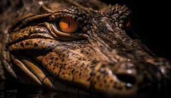 Endangered caiman snout reflects in dark swamp, danger lurking generated by AI photo