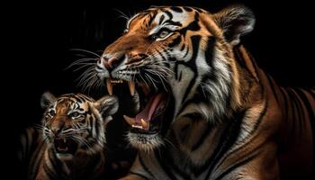 Majestic Bengal tiger staring with fury, teeth bared, in close up generated by AI photo