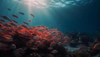 Multi colored reef teeming with sea life in tropical underwater paradise generated by AI photo