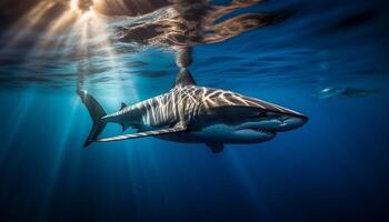 majestuoso delfín buceo dentro el azul, dientes desnudo en agresión generado por ai foto