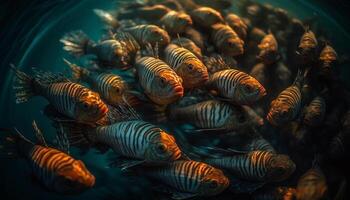 Multi colored school of fish swim in natural Red Sea environment generated by AI photo