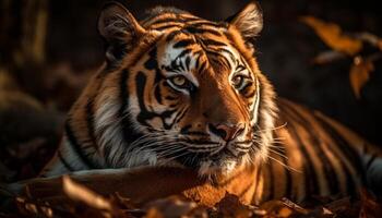 Majestic Bengal tiger staring, beauty in nature, wildcat in focus generated by AI photo