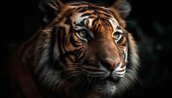 Majestic tiger staring with aggression, its striped fur pattern captivating generated by AI photo