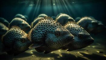 School of fish swimming in a spotted circle underwater reef generated by AI photo