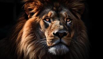 Majestic lion staring at camera, fur and mane in focus generated by AI photo
