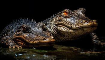 Endangered crocodile and alligator show aggression in African swamp generated by AI photo