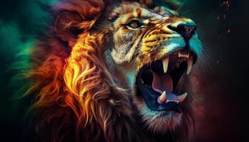 majestuoso león rugido, demostración dientes y feroz agresión hacia cámara generado por ai foto