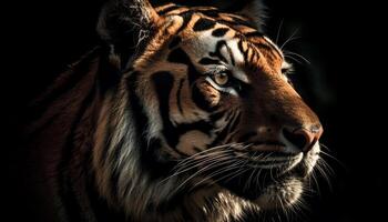 Majestic Bengal tiger staring, close up portrait in tropical rainforest generated by AI photo