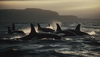 el majestuoso jorobado ballena infracciones, espalda iluminado por el puesta de sol generado por ai foto