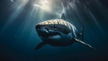 Majestic giant reptile swimming in deep saltwater reef, teeth exposed generated by AI photo