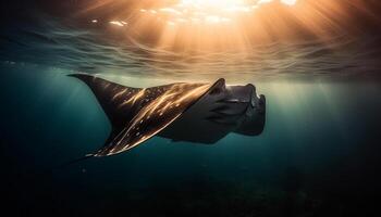 majestuoso manta rayo nadando abajo puesta de sol en tropical marina generado por ai foto