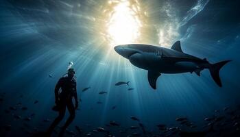 Silhouette of majestic dolphin swimming below dark underwater reef generated by AI photo